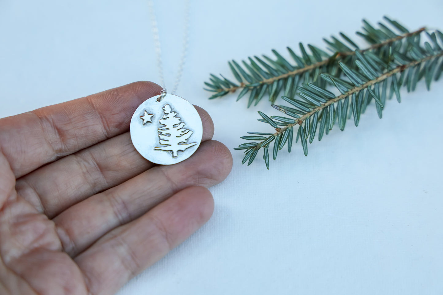 Maine Flag Necklace, Pine Tree and Star Recycled Sterling Silver disc,