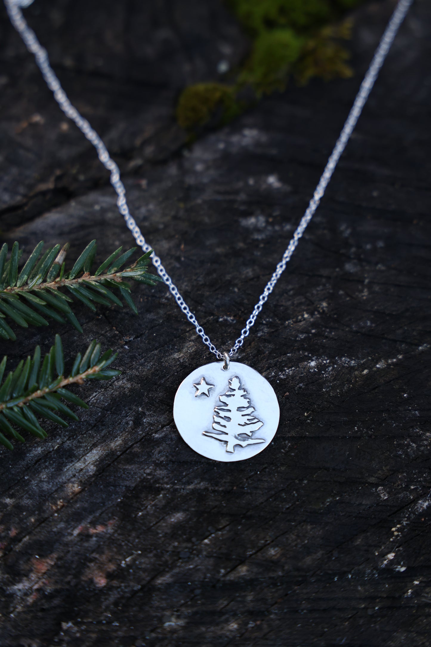 Maine Flag Necklace, Pine Tree and Star Recycled Sterling Silver disc,