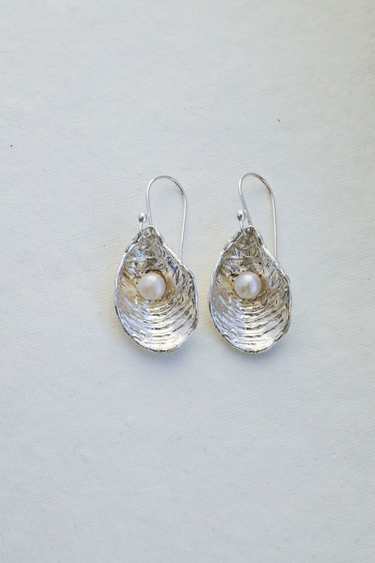 Hand-carved textured oyster shell earrings in recycled sterling silver Maine original design, Fresh water pearl earrings