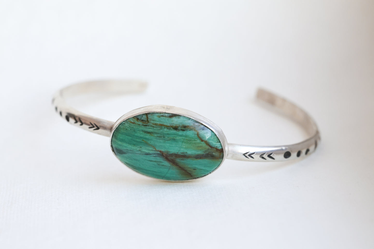 Stamped Cuff Bracelet made with Stunning Green Prase Stone