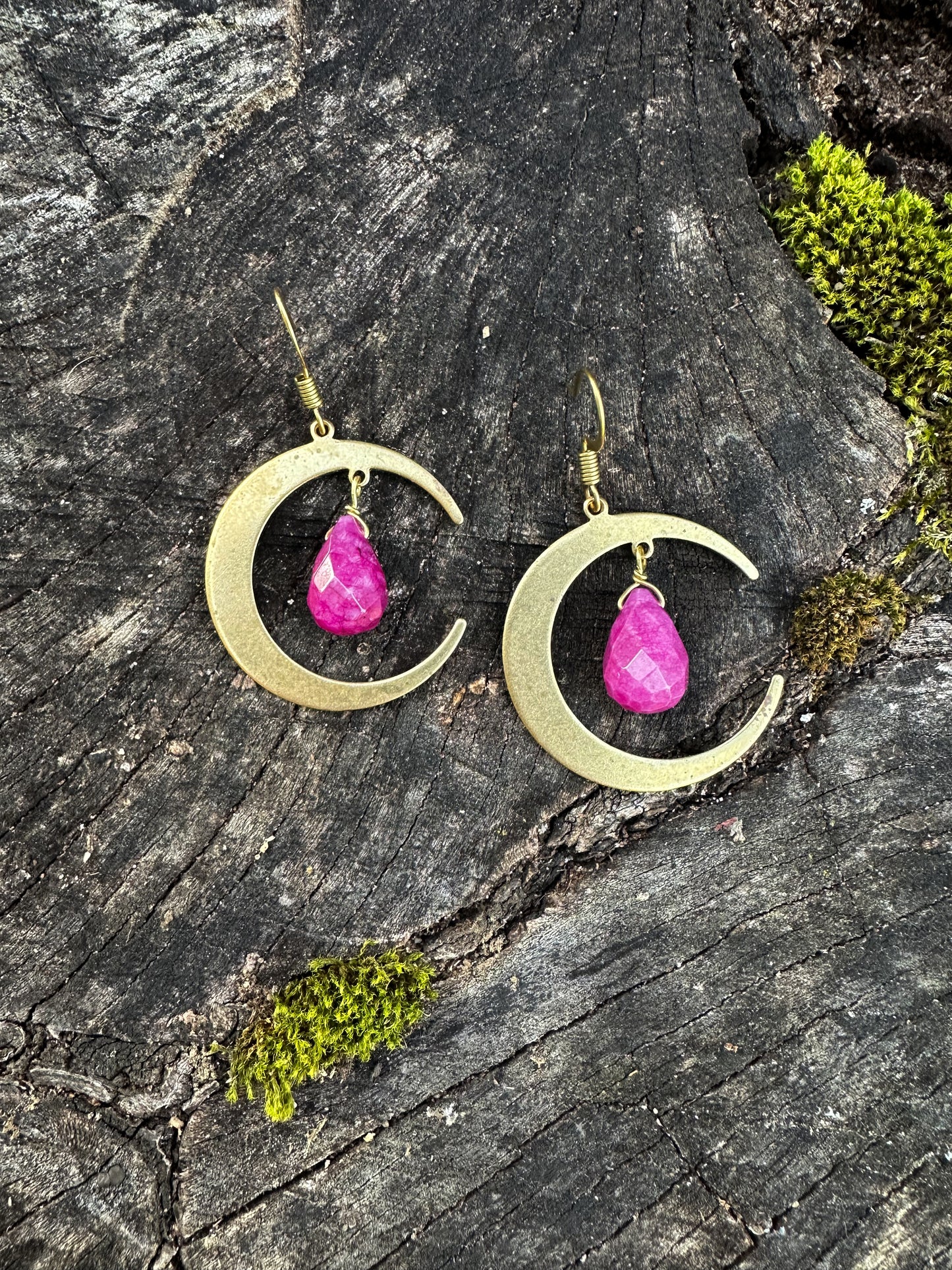 Moon with purple jade earrings, celestial themed brass half circles with jade teardrop