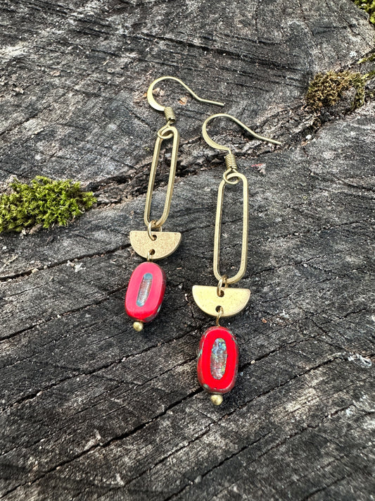 Red Czech cut glass boho earrings sturdy brass, gold color, geometric shape, rainbow with half circles