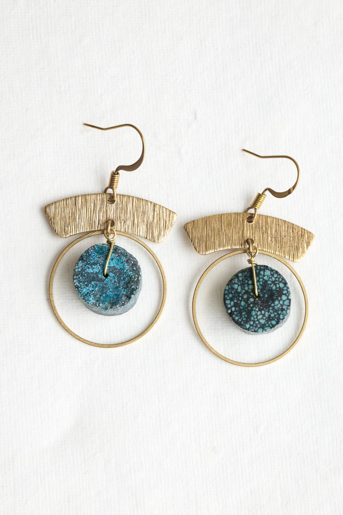 Solid brass boho hoop earrings with stunning turquoise