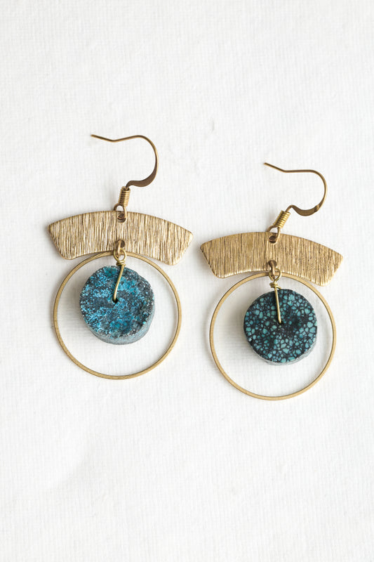 Solid brass boho hoop earrings with stunning turquoise