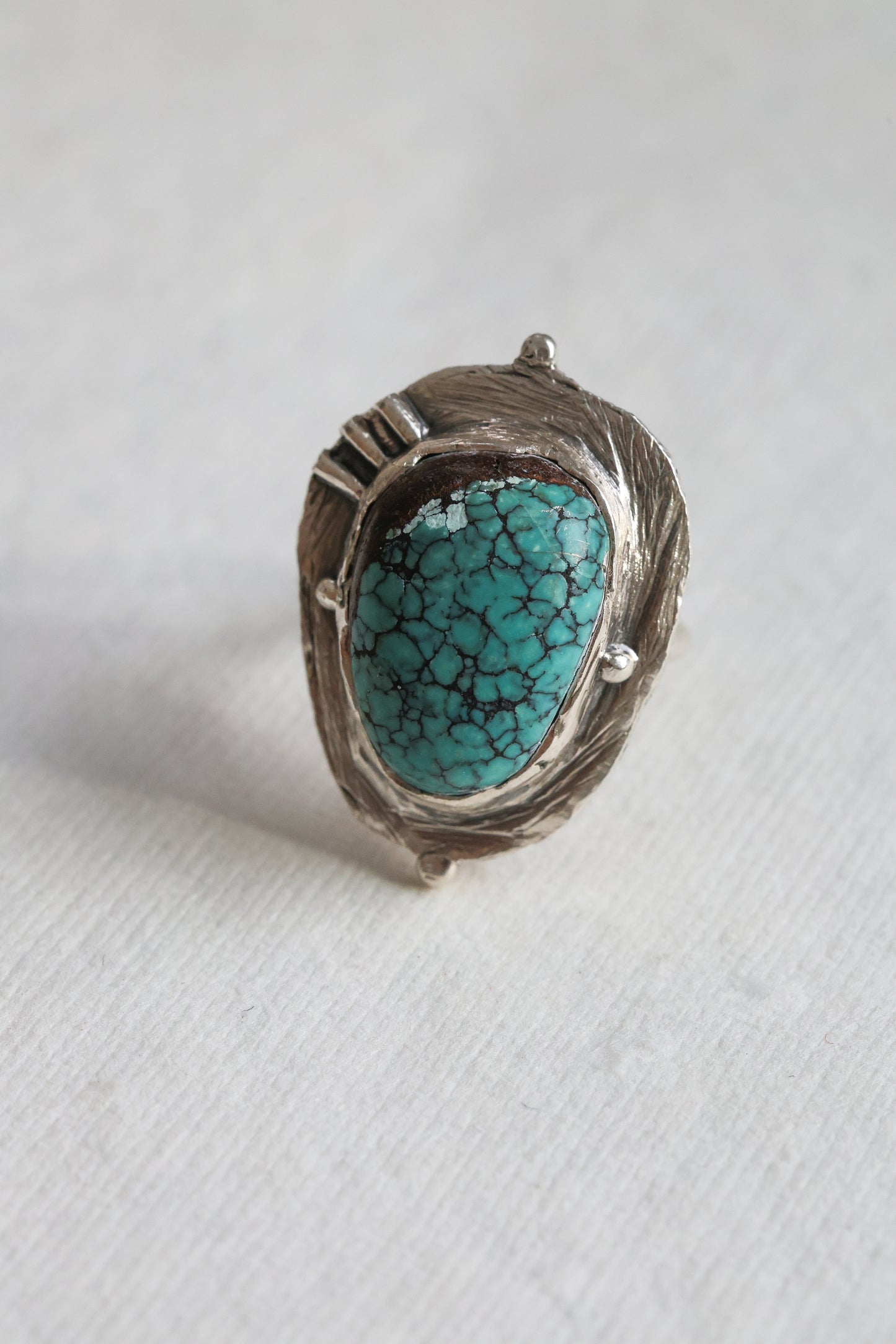 One-of-a-kind Turquoise Ring rustic textures, embellished with 4 wee balls