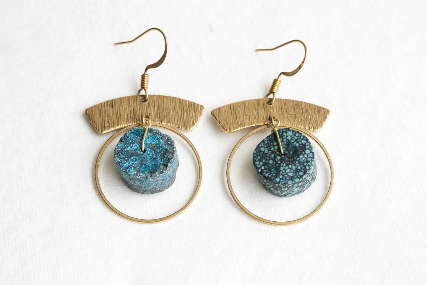 Solid brass boho hoop earrings with stunning turquoise