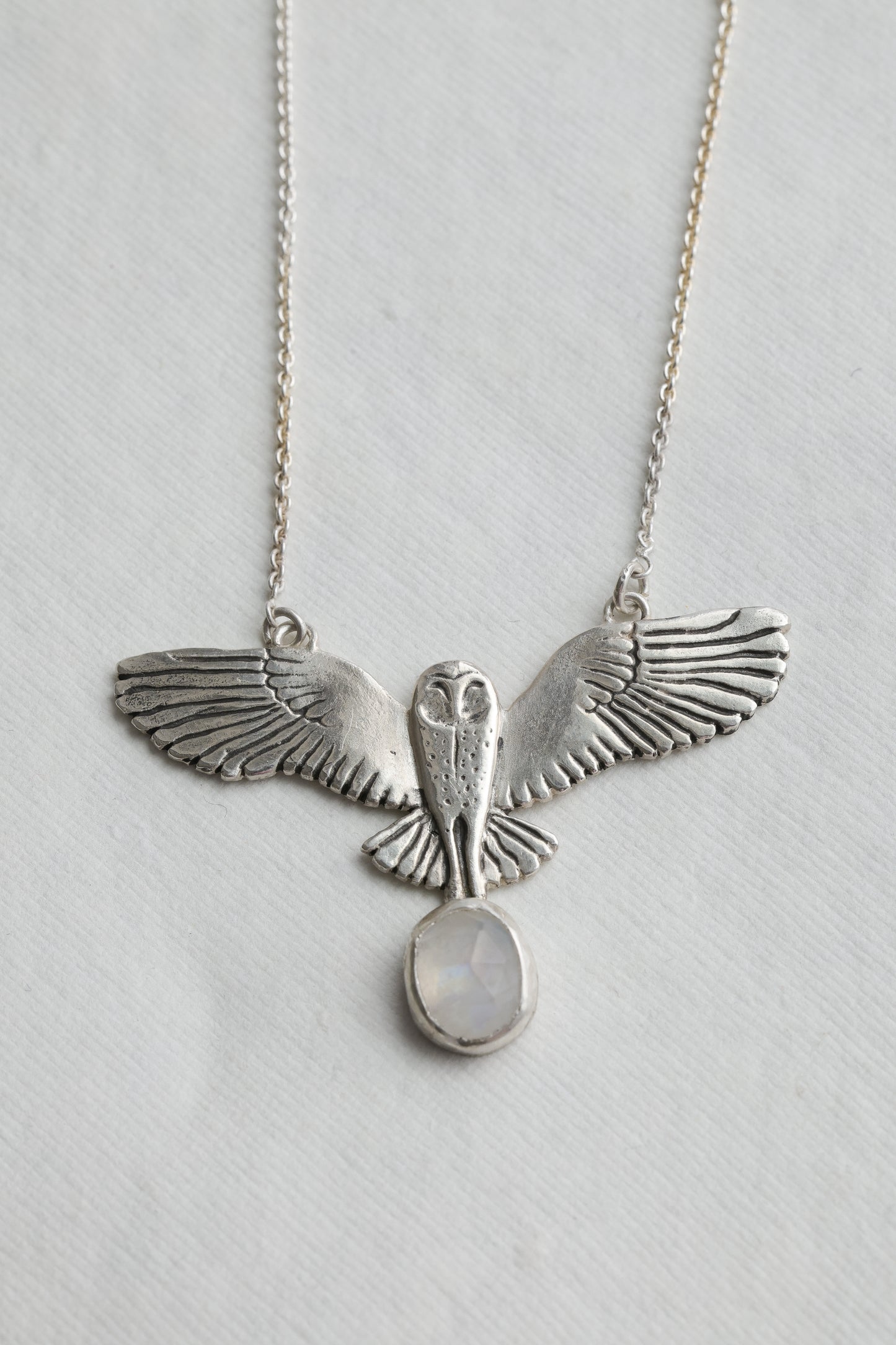 One of a kind silver Barn Owl with Moonstone drop