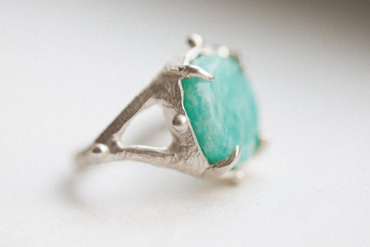 Storybook Talisman Amazonite One-of-a-kind, split shank ring with claw setting