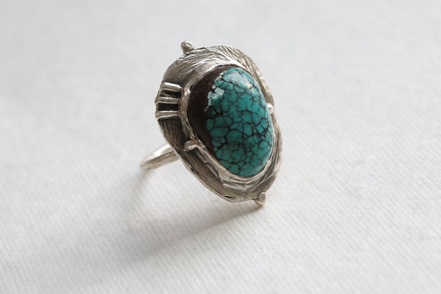 One-of-a-kind Turquoise Ring rustic textures, embellished with 4 wee balls