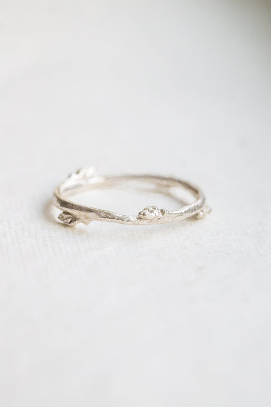 Budding twig ring Size 8, stackable rings, Maine forest botanical jewelry, recycled sterling silver, hand carved