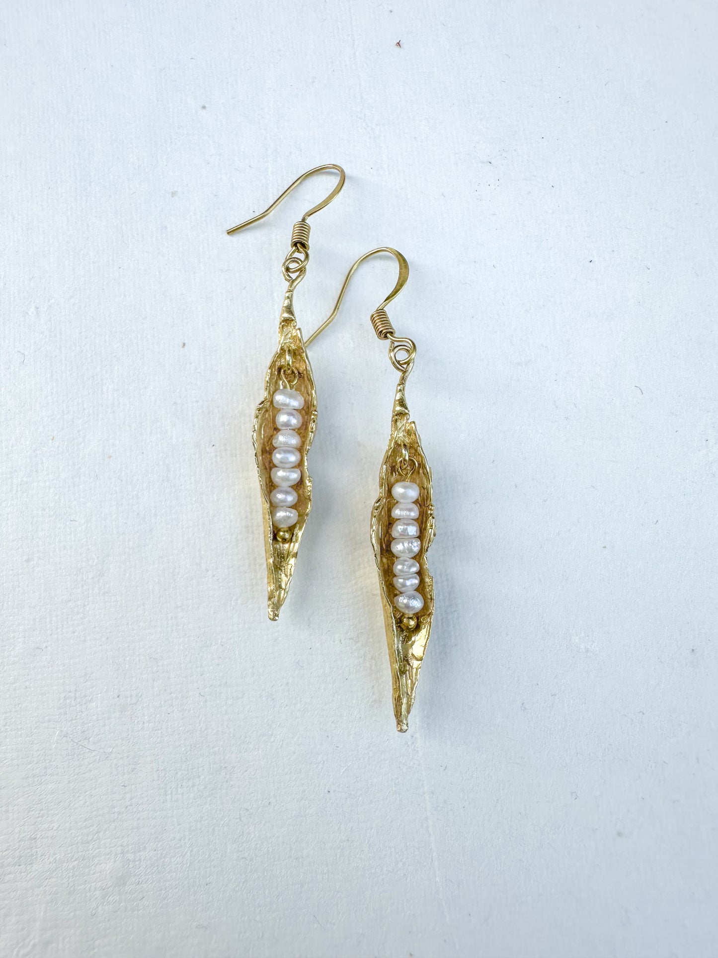 Golden peapod | wee white fresh water pearls, brass cast earrings