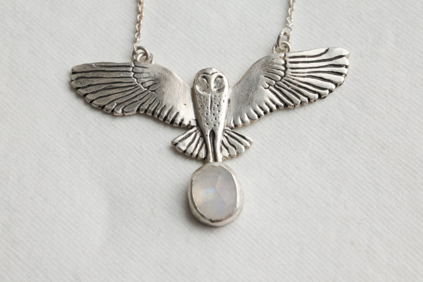 One of a kind silver Barn Owl with Moonstone drop