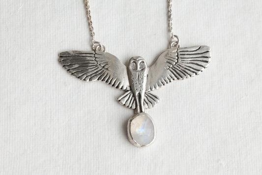 One of a kind silver Barn Owl with Moonstone drop