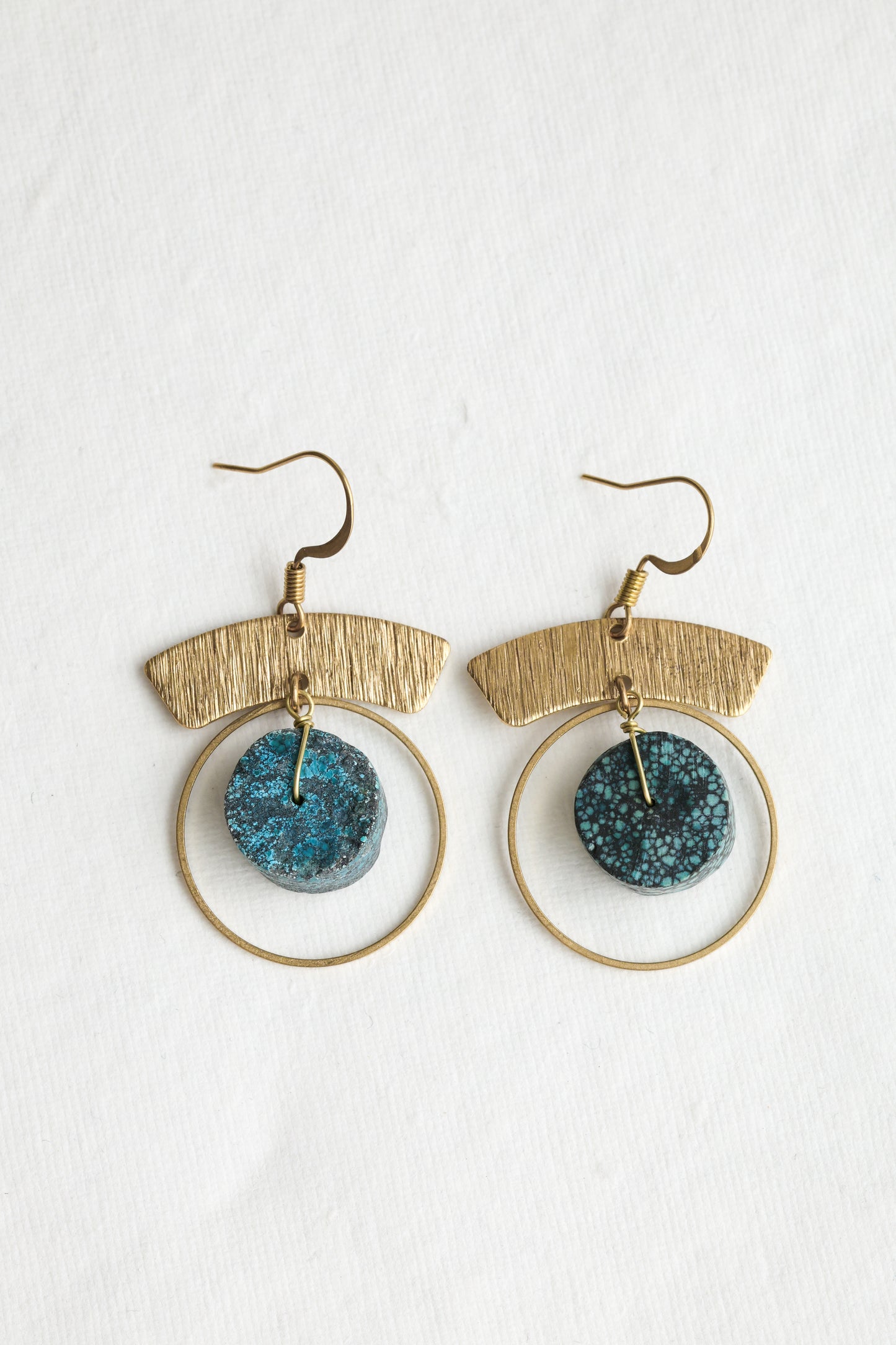 Solid brass boho hoop earrings with stunning turquoise