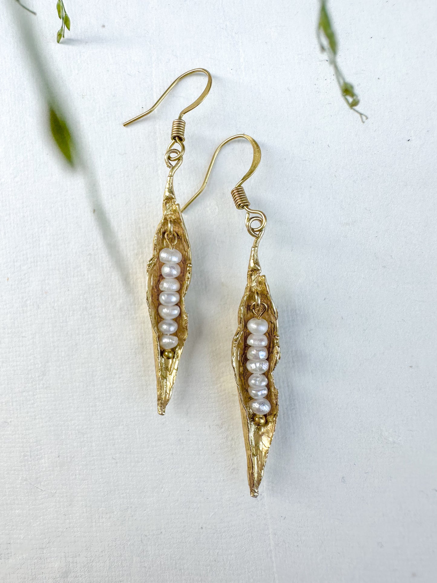 Golden peapod | wee white fresh water pearls, brass cast earrings