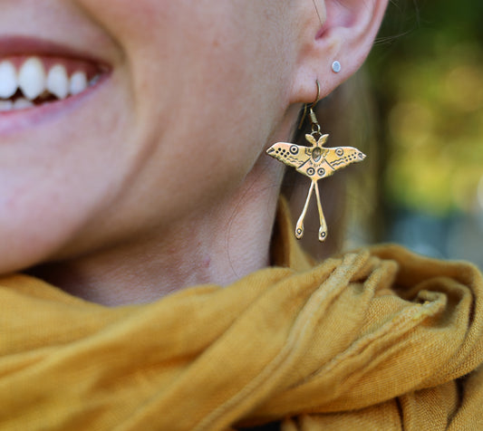 Luna Moth Earrings, Recycled Sterling Silver or Brass, Hand-Carved, Symbol of Transformation