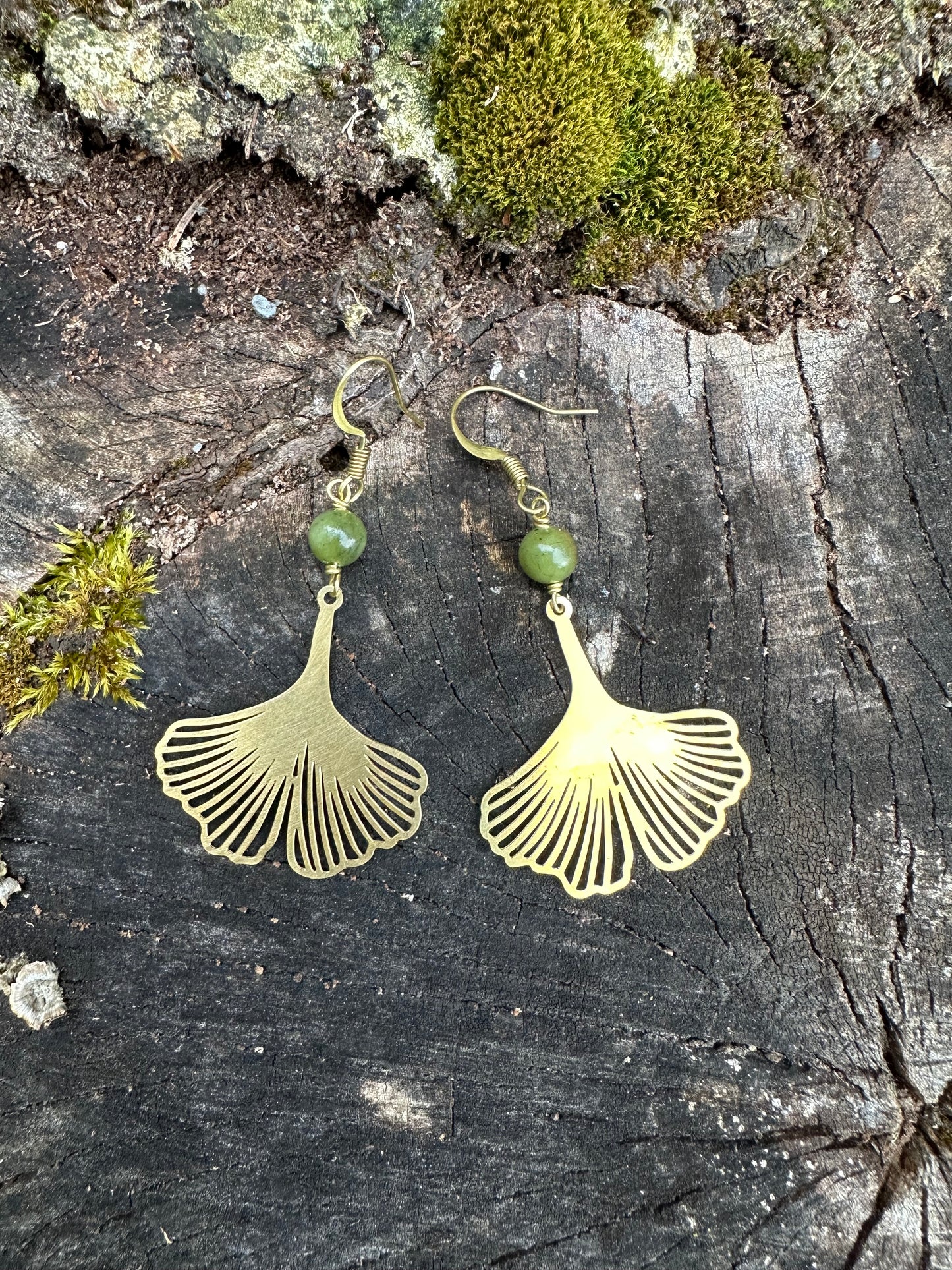 GINKGO | Solid Brass Earrings: green jade