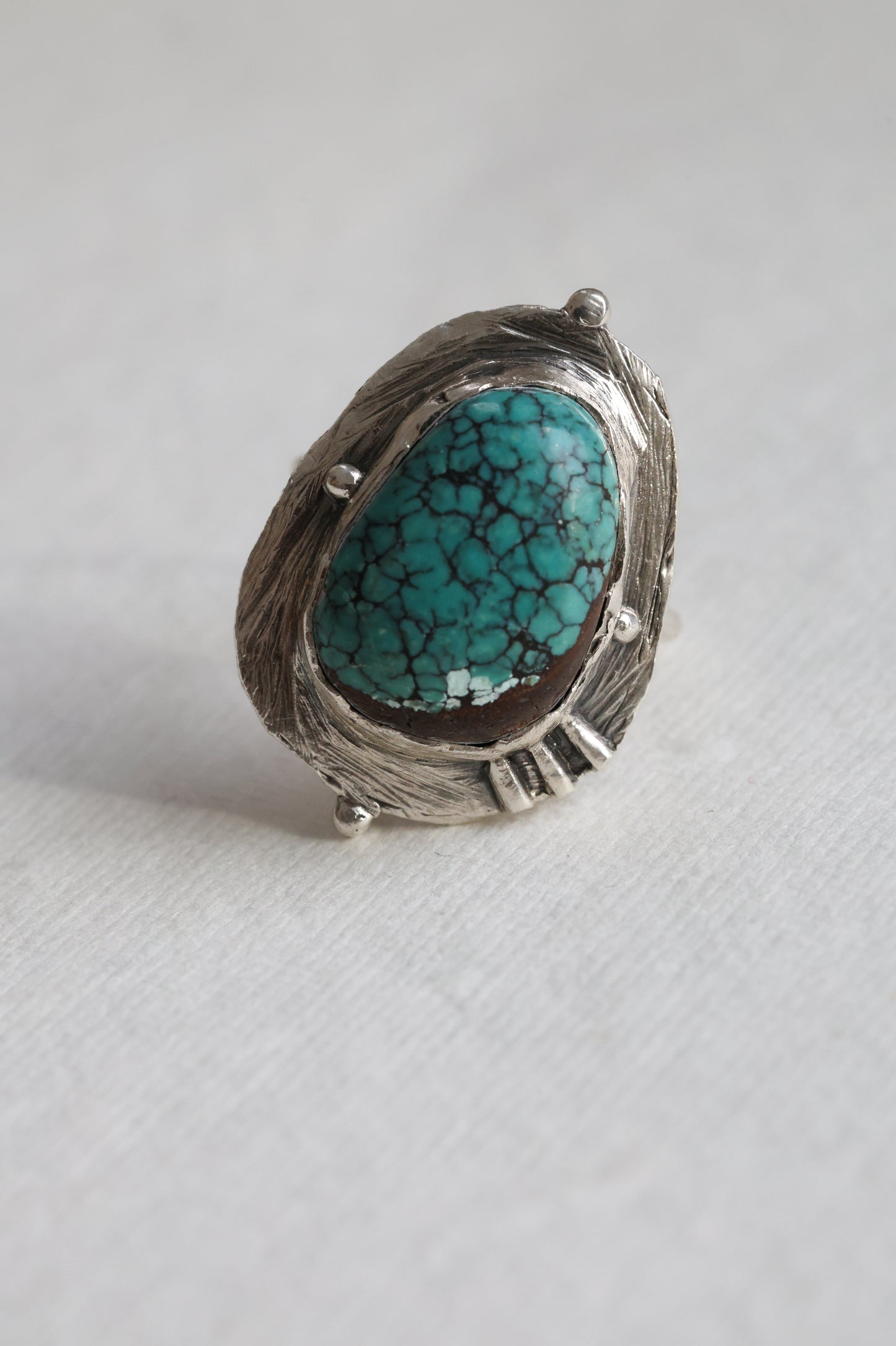 One-of-a-kind Turquoise Ring rustic textures, embellished with 4 wee balls