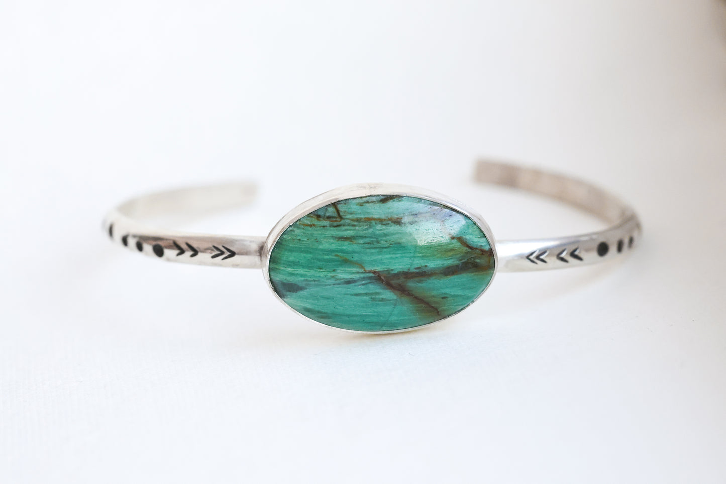 Stamped Cuff Bracelet made with Stunning Green Prase Stone