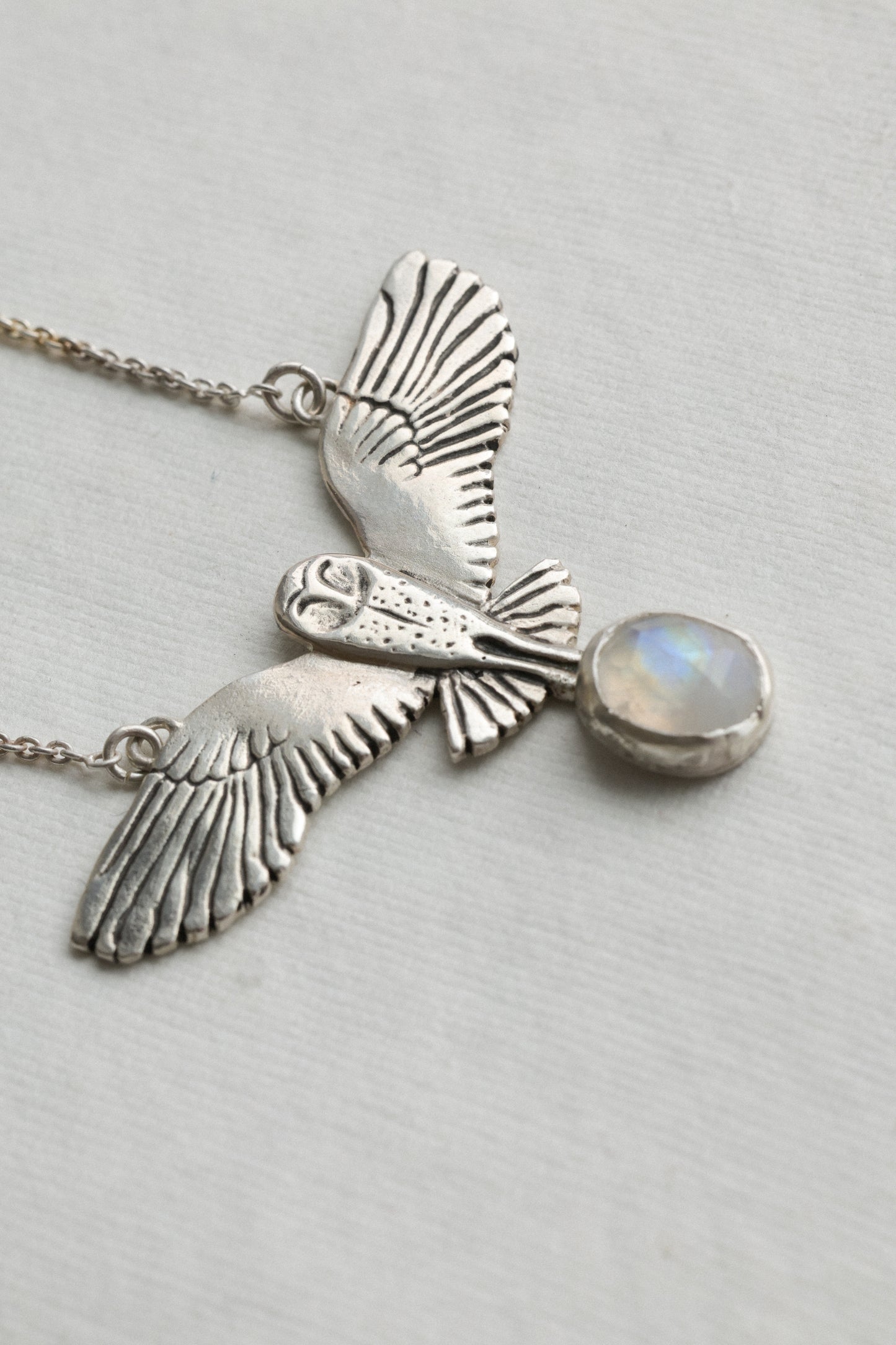 One of a kind silver Barn Owl with Moonstone drop