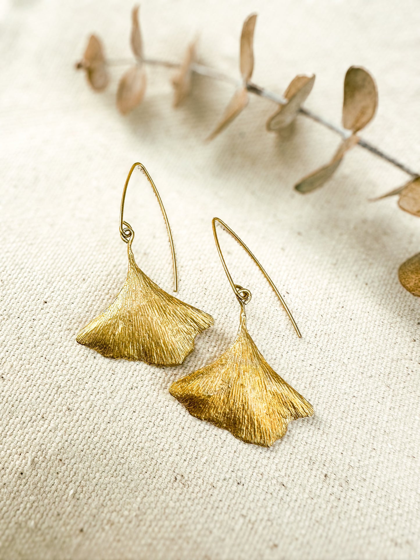 Ginkgo textured leaf earrings in brass, made with real leaves