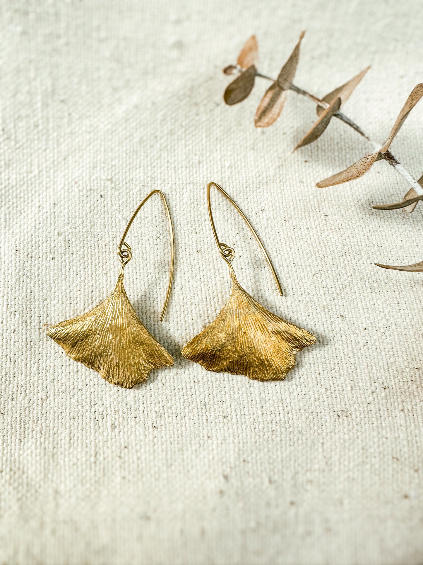 Ginkgo textured leaf earrings in brass, made with real leaves