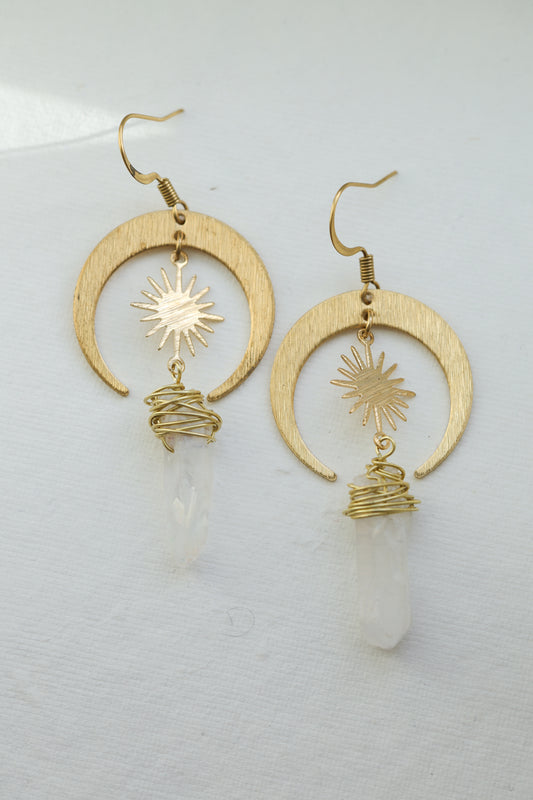 Solid brass boho sun & moon earrings with quartz