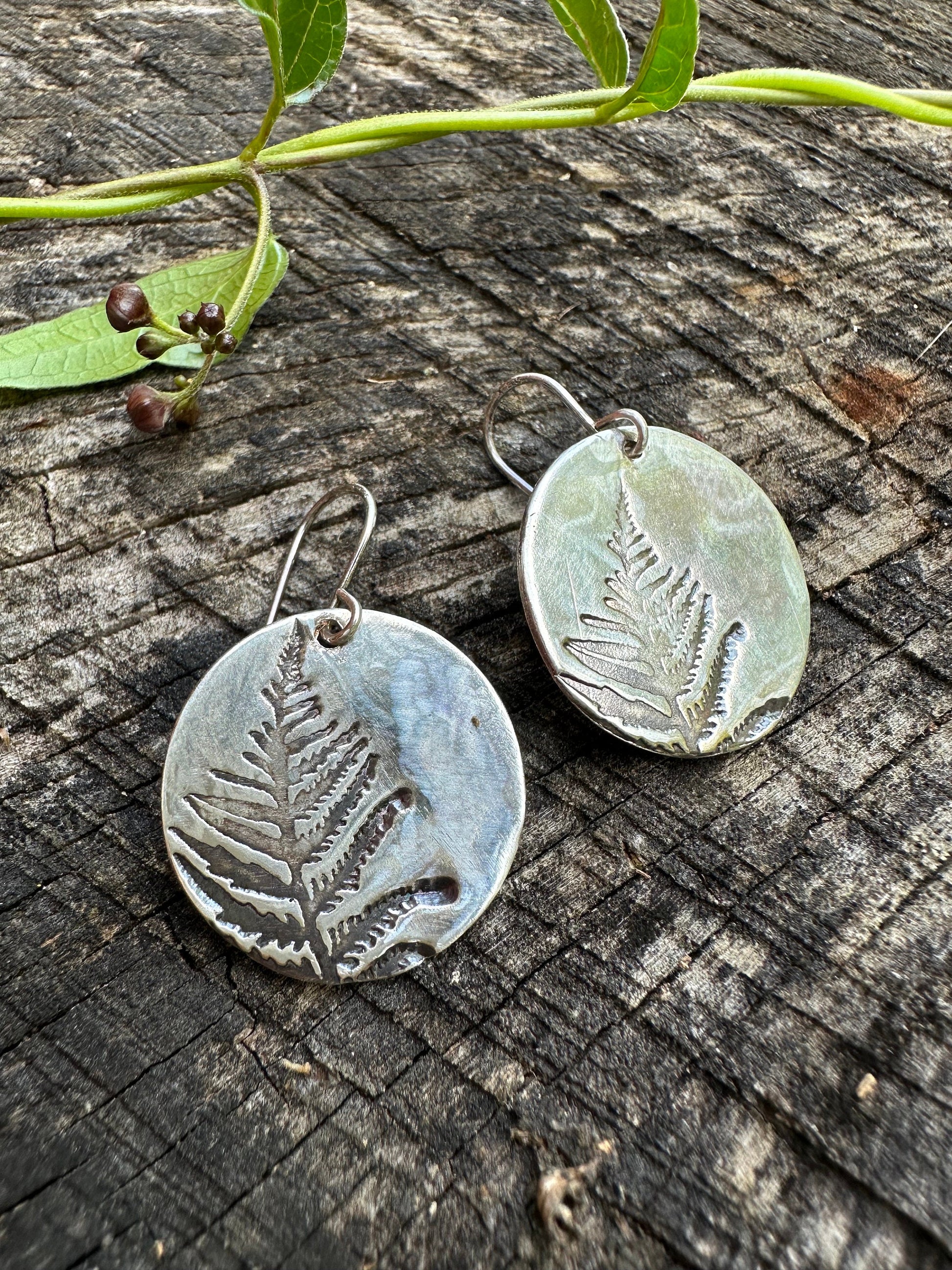 Lightweight Fern disc earrings, Recycled Sterling silver, circle, Eco-friendly, Maine Made, Maine art, Maine print, minimalist,